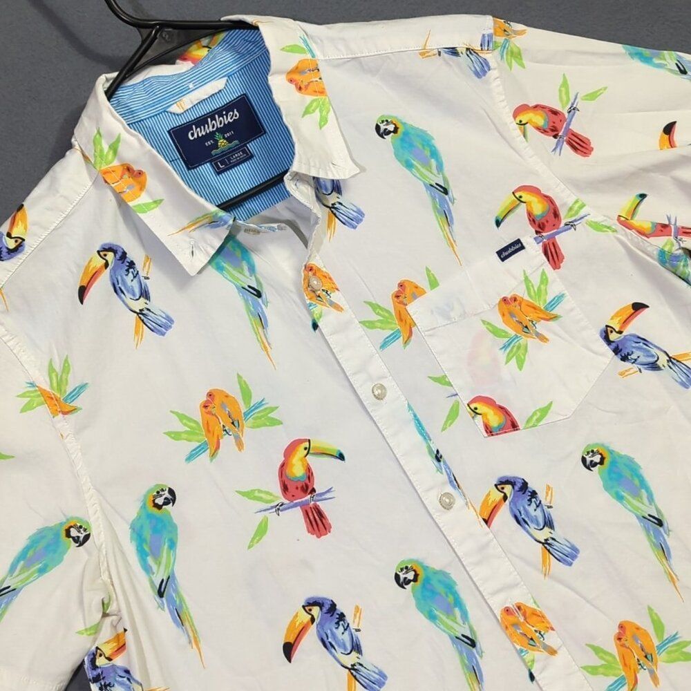 Chubbies Shirt Shirt Men's L White Tropical Birds Short Sleeve Button Up